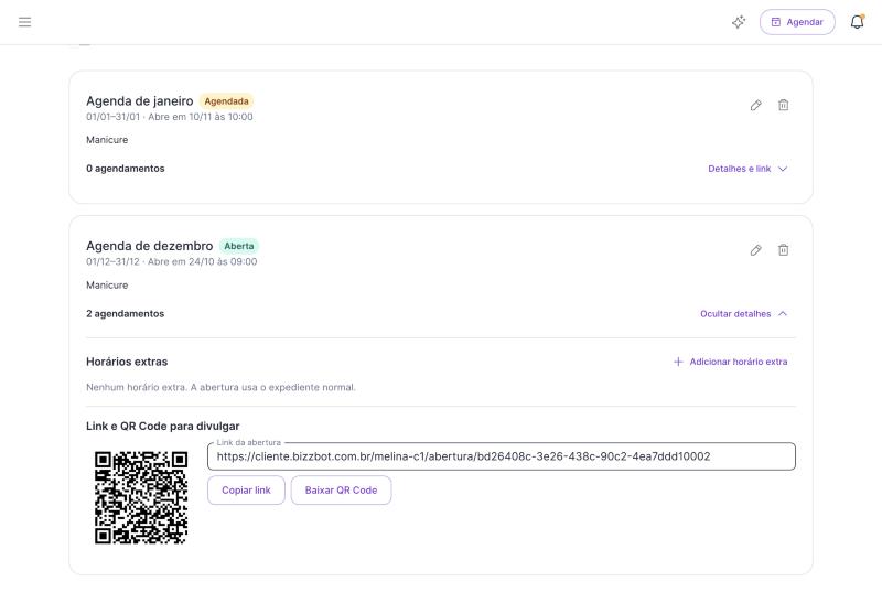 Detalhes de uma abertura com horários extras, link para divulgar e QR Code.
