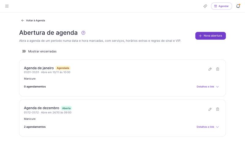 Lista de aberturas de agenda no painel, com o botão Nova abertura.