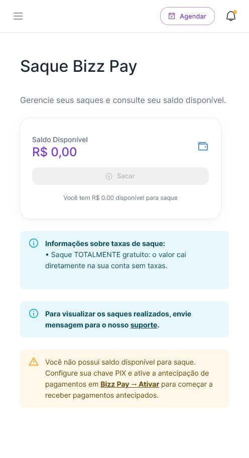 Tela de saque do Bizz Pay