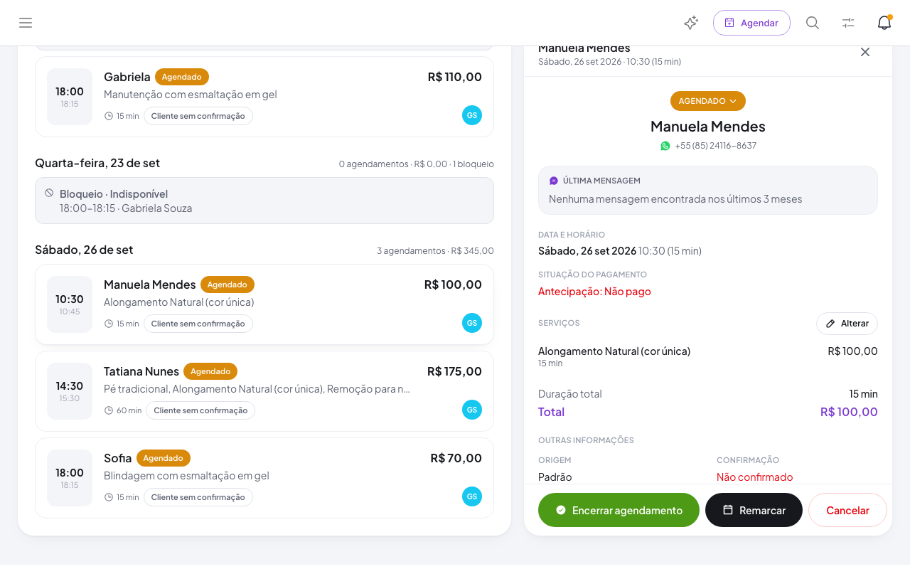 Detalhe do agendamento no web