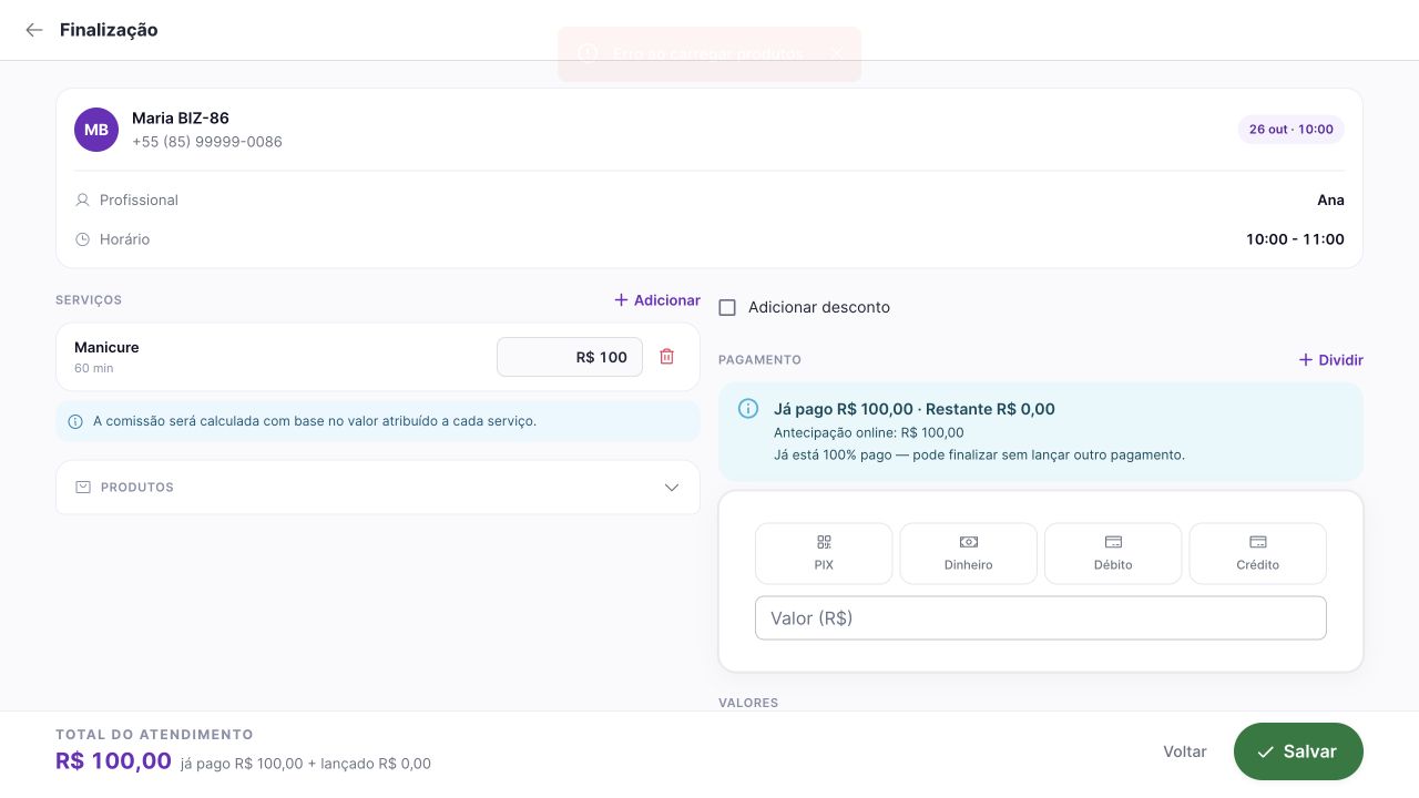 Finalização no web com pagamento integral online
