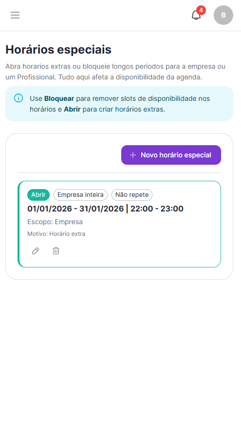 Horários especiais - tela principal