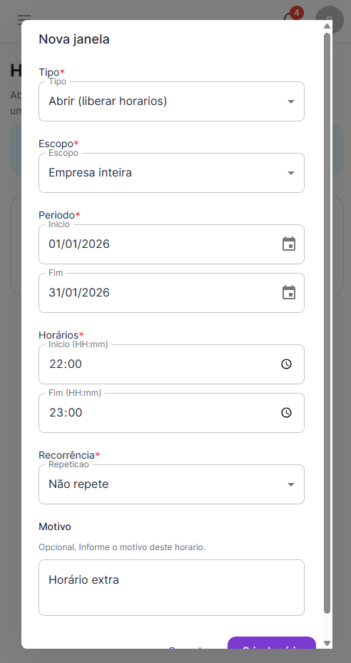 Horários especiais - configuração