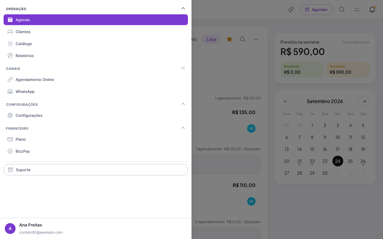 Menu do Bizzbot no web