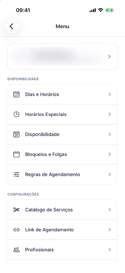 Menu do app