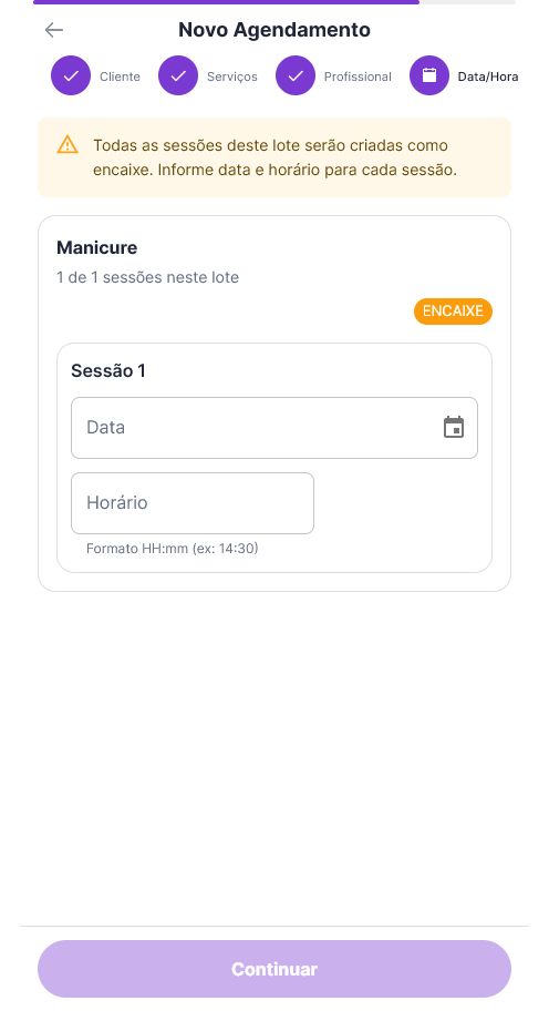 Data e horário das sessões do pacote