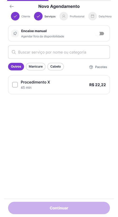 Etapa de serviços com botão Pacotes