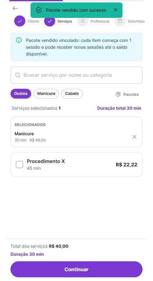 Pacote vendido vinculado ao agendamento