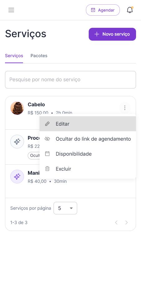 Menu de ações do serviço